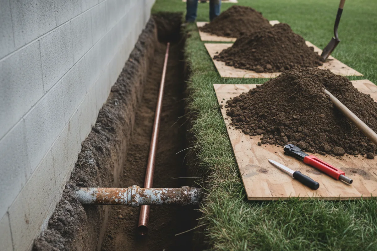 Excavated water line trench during Sewer Line Repair in Granite Springs